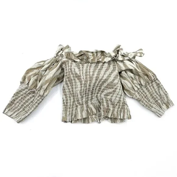 TOCCIN Smocked Ruffle Top Green Off-Shoulder Zebra Striped‎ Puff Sleeve Sz XS - Picture 10 of 10